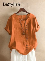 T-shirt à manches courtes en coton et lin, vintage, Harajuku, boutons, décontracté, uni, élégant, surdimensionné, streetwear, été 3