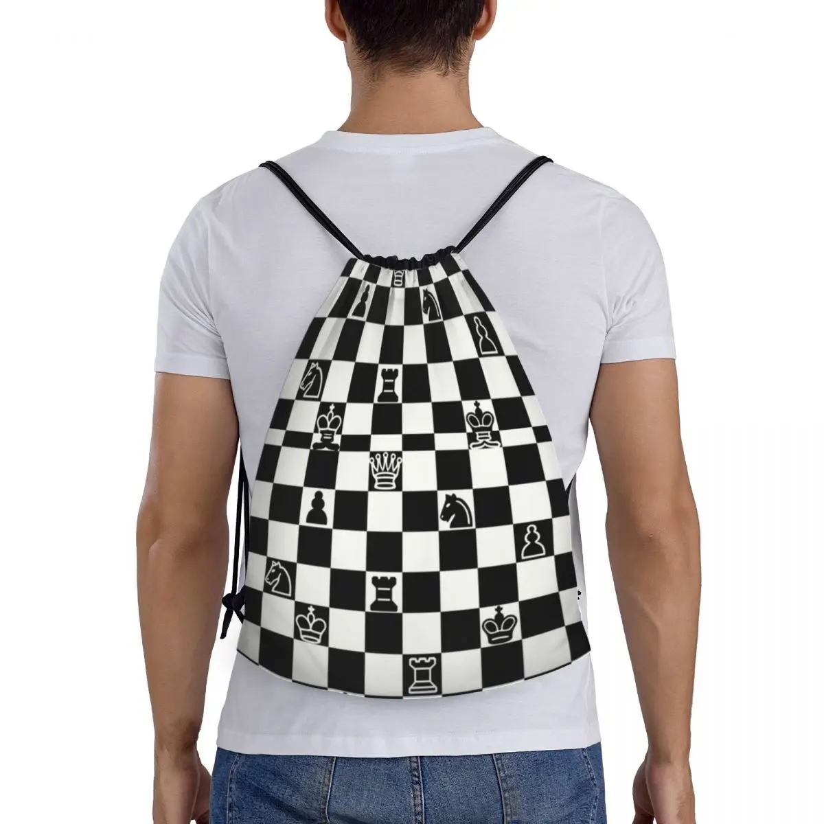 Custom Fashion Chess Drawstring Bags Women Men Lightweight Chessboard Game Sports Gym Storage Backpack