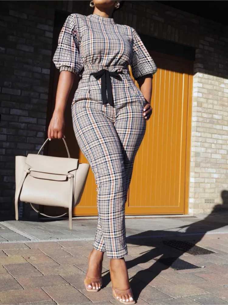 

Casual Printed Two Piece Set For Women Half Sleeves T Shirt Leace-up High Waist Long Pant Sets Fashion Streetwear Ladies Suits