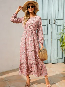 فستان نسائي أنيق مطبوع عليه زهور للربيع والصيف ذو رقبة دائرية وأكمام طويلة من الشيفون فستان طويل طويل للحفلات 4