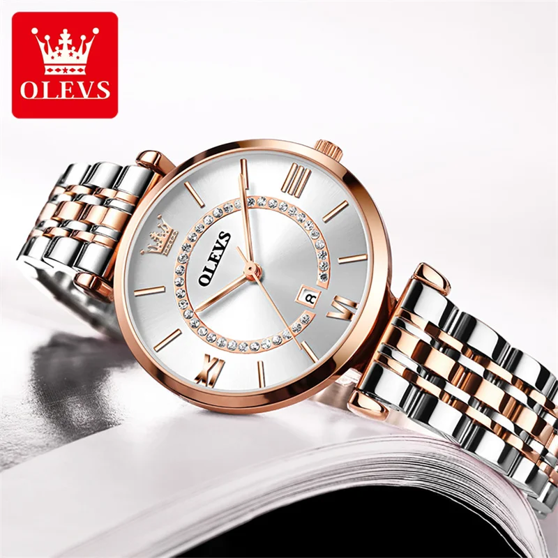 OLEVS Brand Luxury Diamond Quartz Watch for Women Stainless Steel Waterproof Calendar Fashion Womens Watches Relogio Feminino