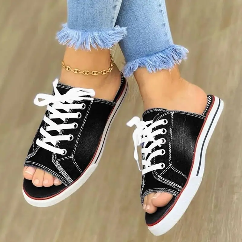

2022 Fashion Women Canvas Sandals Breathable Summer Slippers Lace Up Open Toe Ladies Faux Denim Flat Shoes Zapatos Mujer