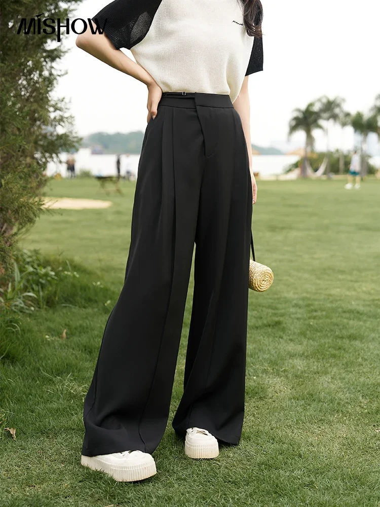 MISHOW Thin Suit Casual Pants for Women 2023 Summer Adjustable High Waist Solid Straight Wide Leg Full Length Pants MXC37K0048