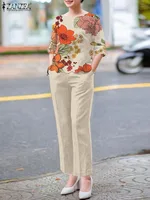 ZANZEA 2PCS Fashion Short Sleeve Floral Blouse Pant Sets Women Office Work Suit Summer Tracksuits Elegant Matching Sets Oversize - Image 3