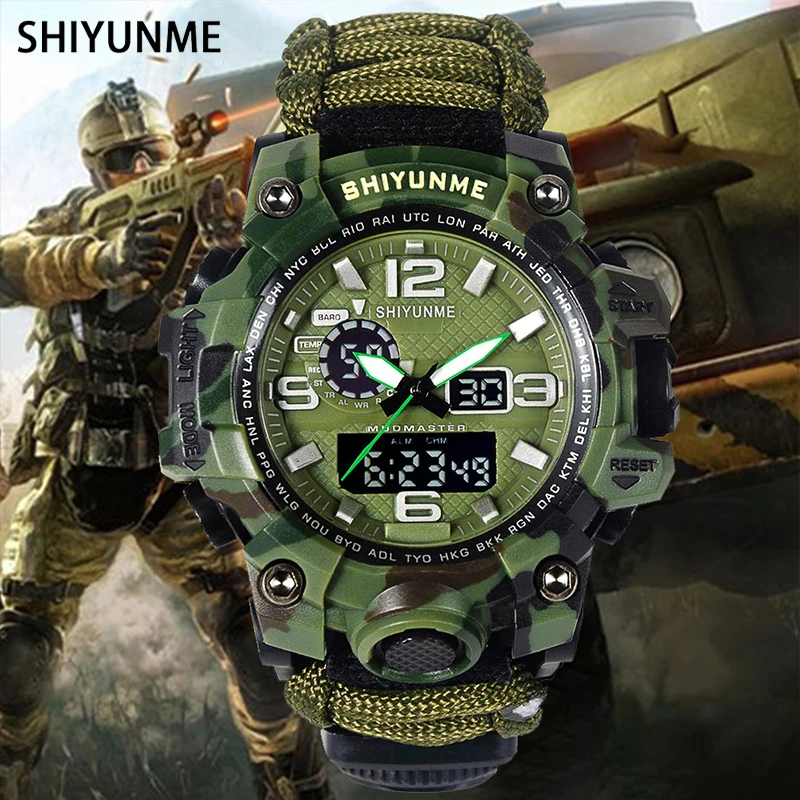 Shiyunme Camouflage Military Outdoor Sports Men Watch G Style Electron Watch Bussola Impermeabile Led Quartz Dual Display Orologi