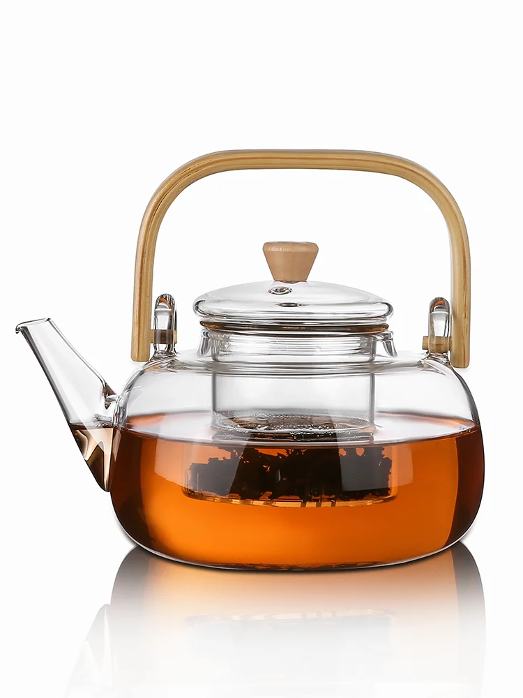 

1L High Capacity Clear Borosilicate Glass Teapot With Bamboo Handle Tea Residue Strainer Heat Resistant Flower Teapot Kettle Set