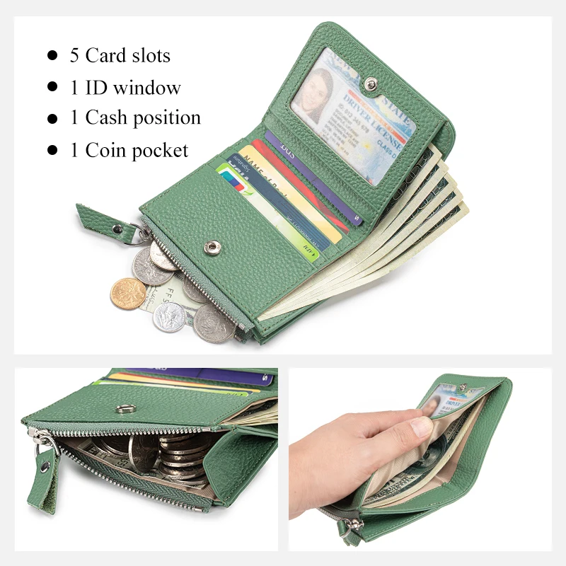 Women Genuine Leather Slim Short Wallet RFID Blocking Bi-Fold Wallet Credit Card Holder money clip wallet Zipper Coin pocket 4