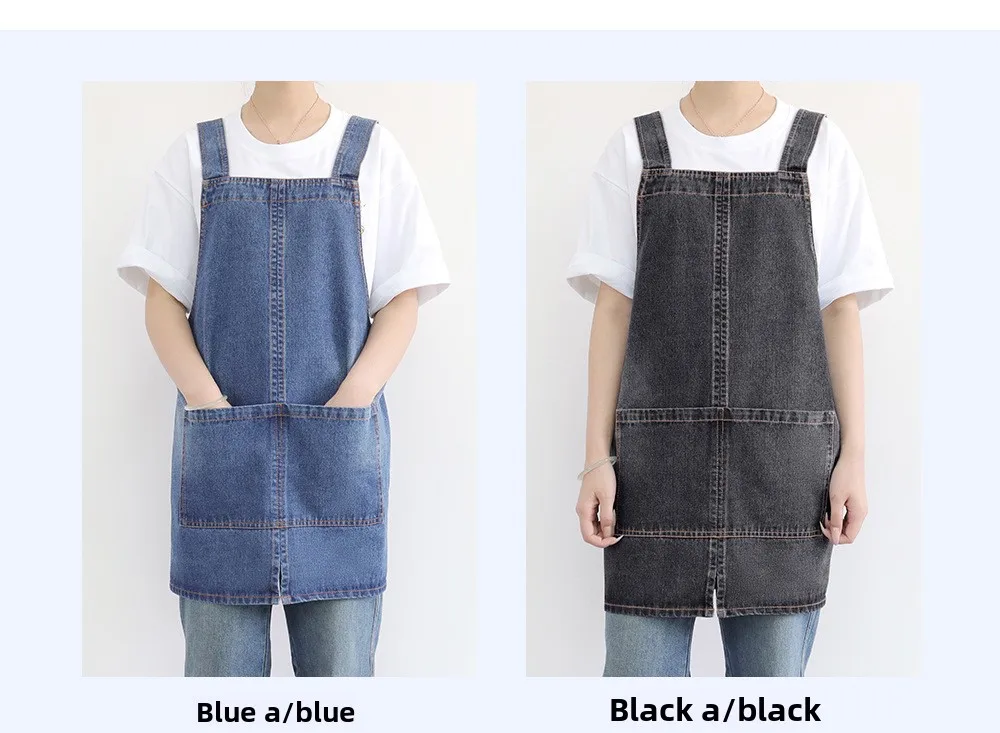 Maßgeschneiderte Schürze aus gewaschenem Denim mit verstellbaren Taillengurten für Heim- und Café-Arbeitskleidung, verstellbare Taille, Café-Schürze – Detail 6