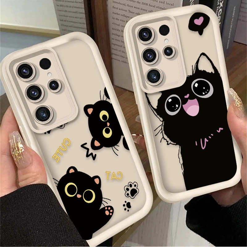 Charming Black Cat Matte Protective Phone Case with Love Heart Design