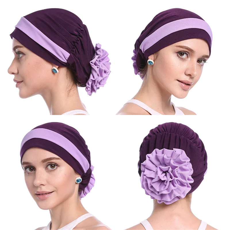 H1110 two colors muslim hijab with flower pull on hat islamic scarf turban hijab full headcover women headwrap ramadan gifts