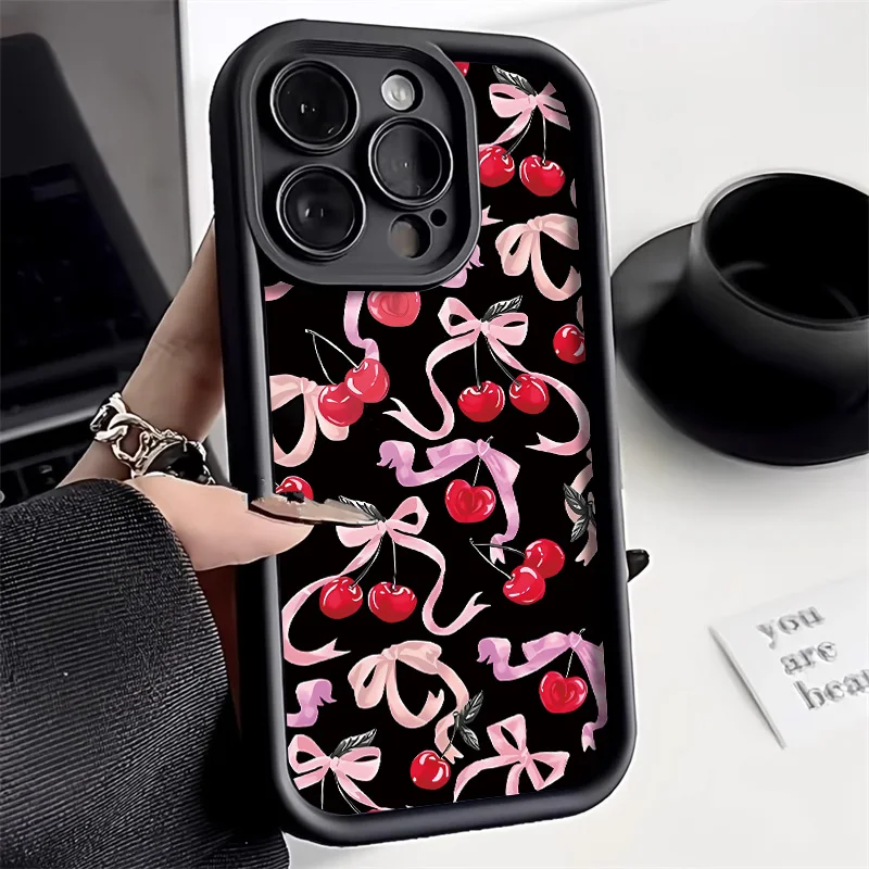 thumbnail image 1 of Bonita funda para teléfono para iPhone 15, funda para iPhone 11, 13, 12, 14, 16 Pro Max, XR, XS, 7, 8 Plus, SE, a prueba de golpes, con lazo de cereza, 1 of 4