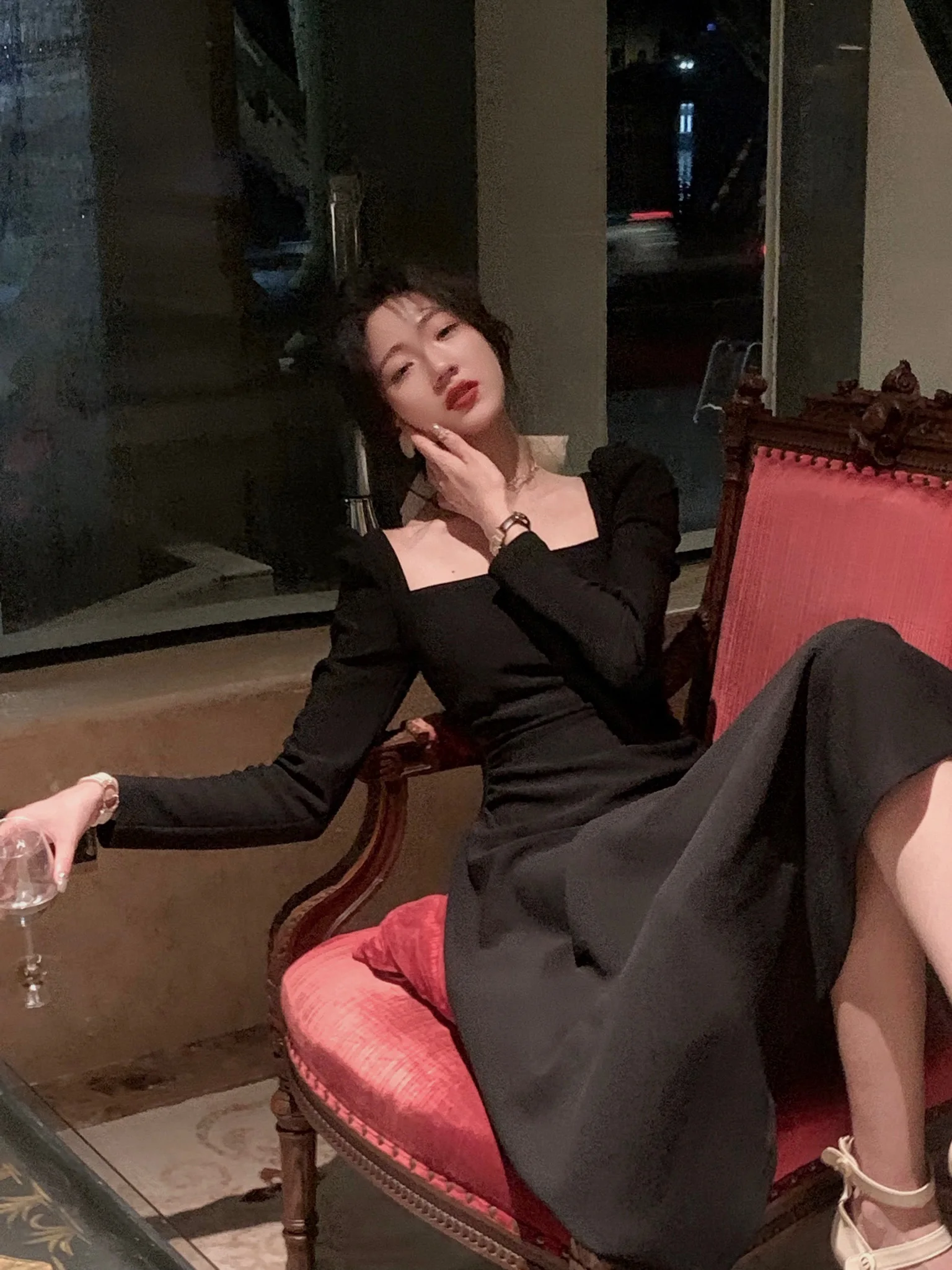 Spring New Elegant Square Collar Midi Party Dresses for Women Long Sleeve Black White Slim Vestidos Female High Waist Clothes