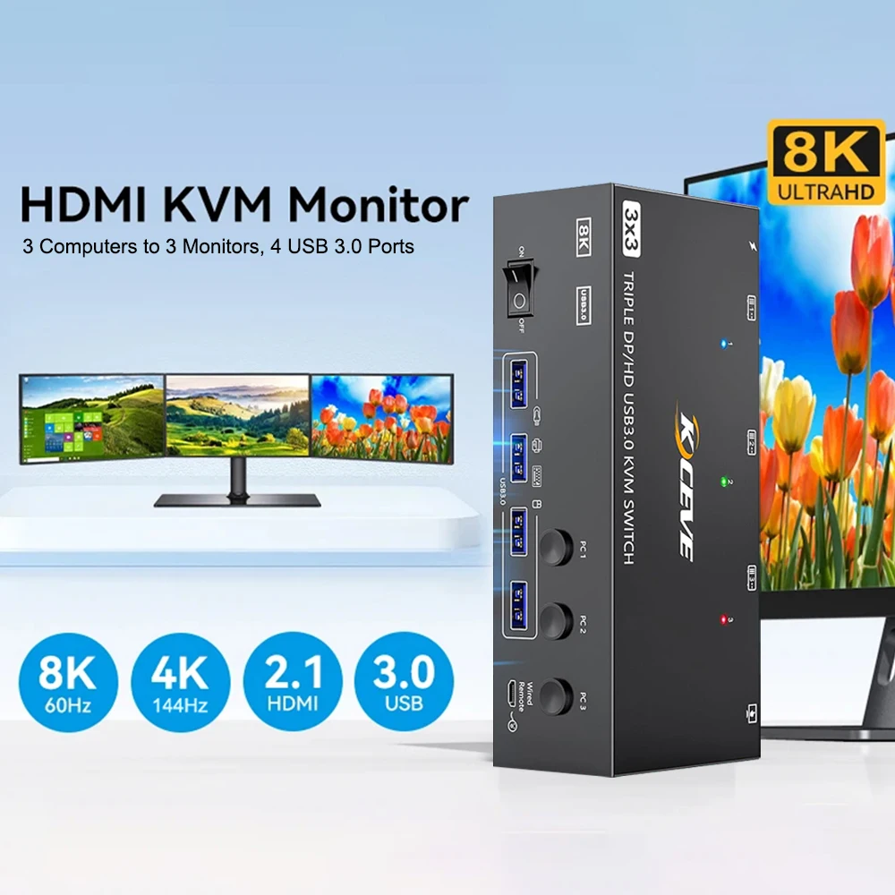 Latest HDMI USB 3.0 KVM Switch 3 Monitors 3 PCs 8K@60Hz 4K@144Hz Triple Monitoring KVM Switch with 4 USB 3.0 Ports