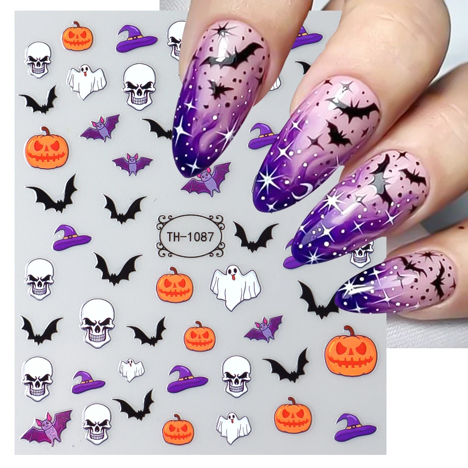 Nail Stickers Nail Stickers Halloween Series Bat Skull Bone Ghost Pumpkin Pattern 3D Self Adhesive Decals For Nails Manicure Decoration LATH nail stickers nail decals nail art decoration