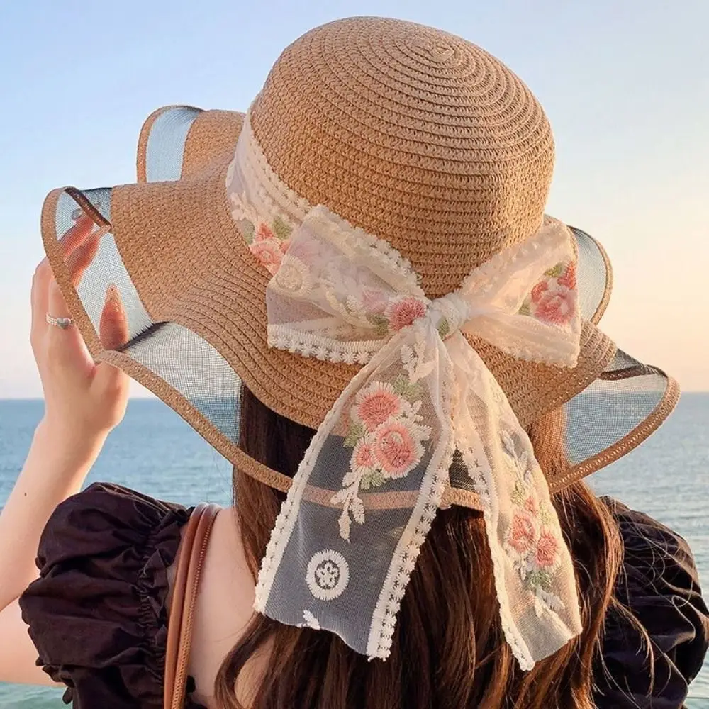 

Casual Women Sun Hat Sweet Lace Bow UV Protect Fisherman Hat Beach Vacation Sunshade Cap Summer