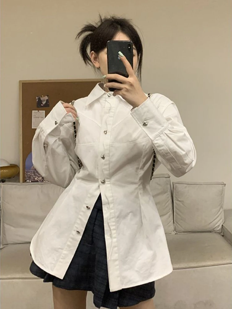 

Deeptown Korean Fashion White Casual Shirts Women Elegant Long Sleeve Tunic Blouses Office Lady Slim Youth Y2K Tops High Street