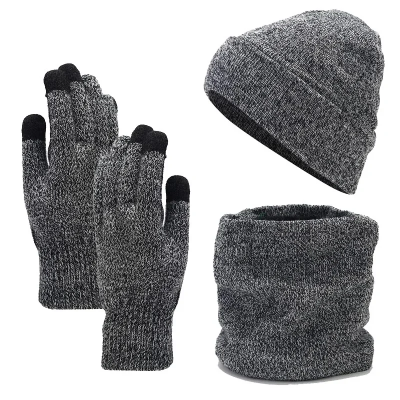 Fashion Trend Knitted Thickened Hat Scarf Glove for Men and Women Autumn Winter Add Velvet Cold Proof Warm Three Piece Set Gift