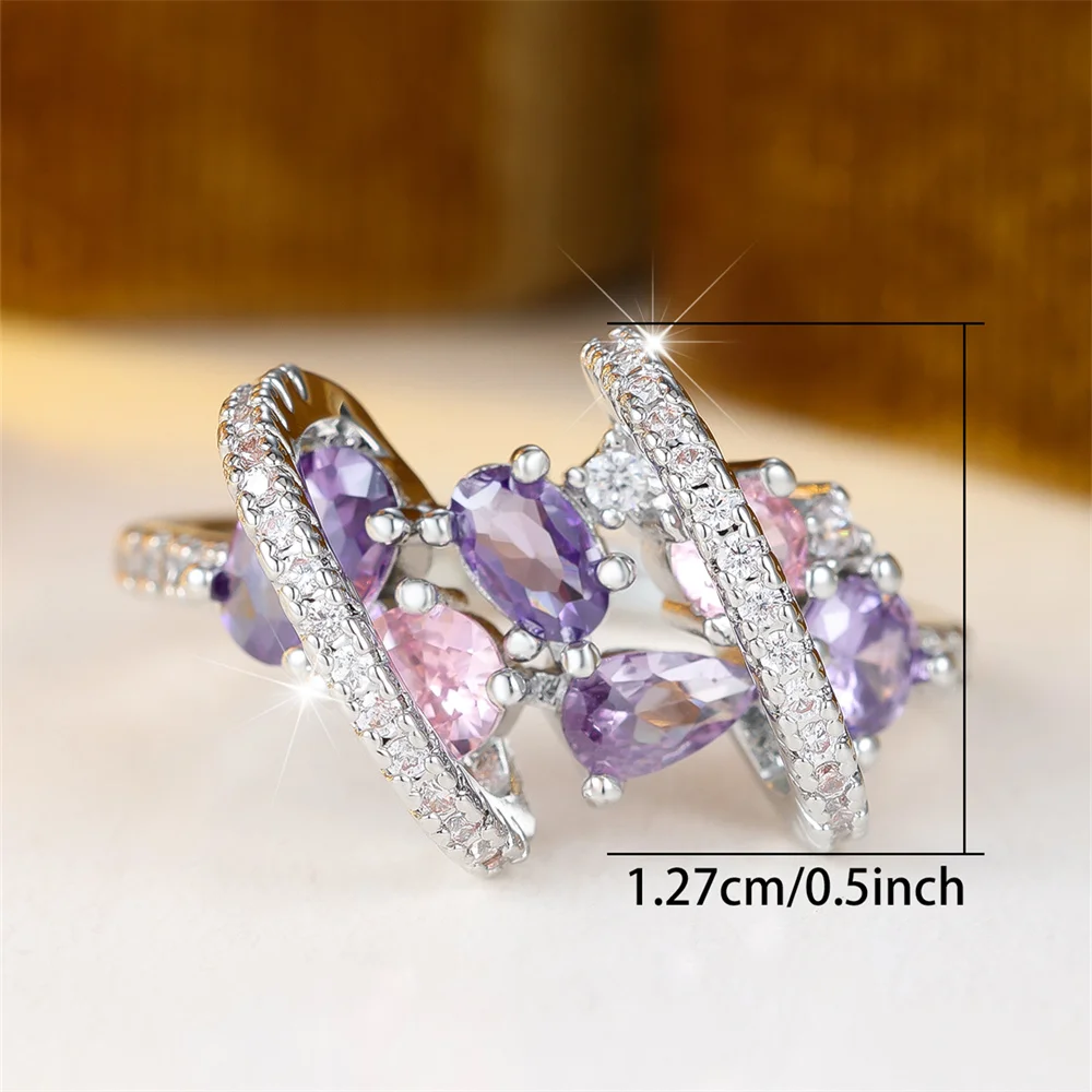 Purple Crystal Oval Stone Pink Zircon Rings For Women Vintage Silver Color Engagement Wedding Jewelry Bridal Valentine Gifts