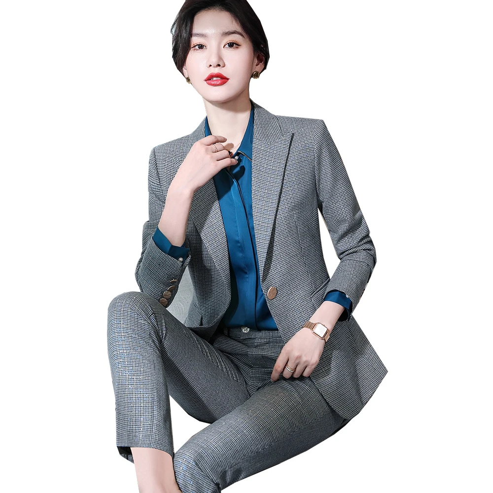 High Quality Ladies Women Winter Gray Plaid Pant Suit for Office Business Work Female Two Piece Set Blazer and Trousers