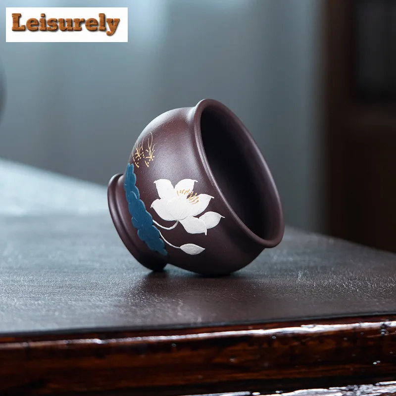180ml Yixing Zisha Hand-painted Lotus Teacup Retro Tea Bowl Cup For Tea Tea-tasting Smelling Cup Chazhan Master Cups Tea Items