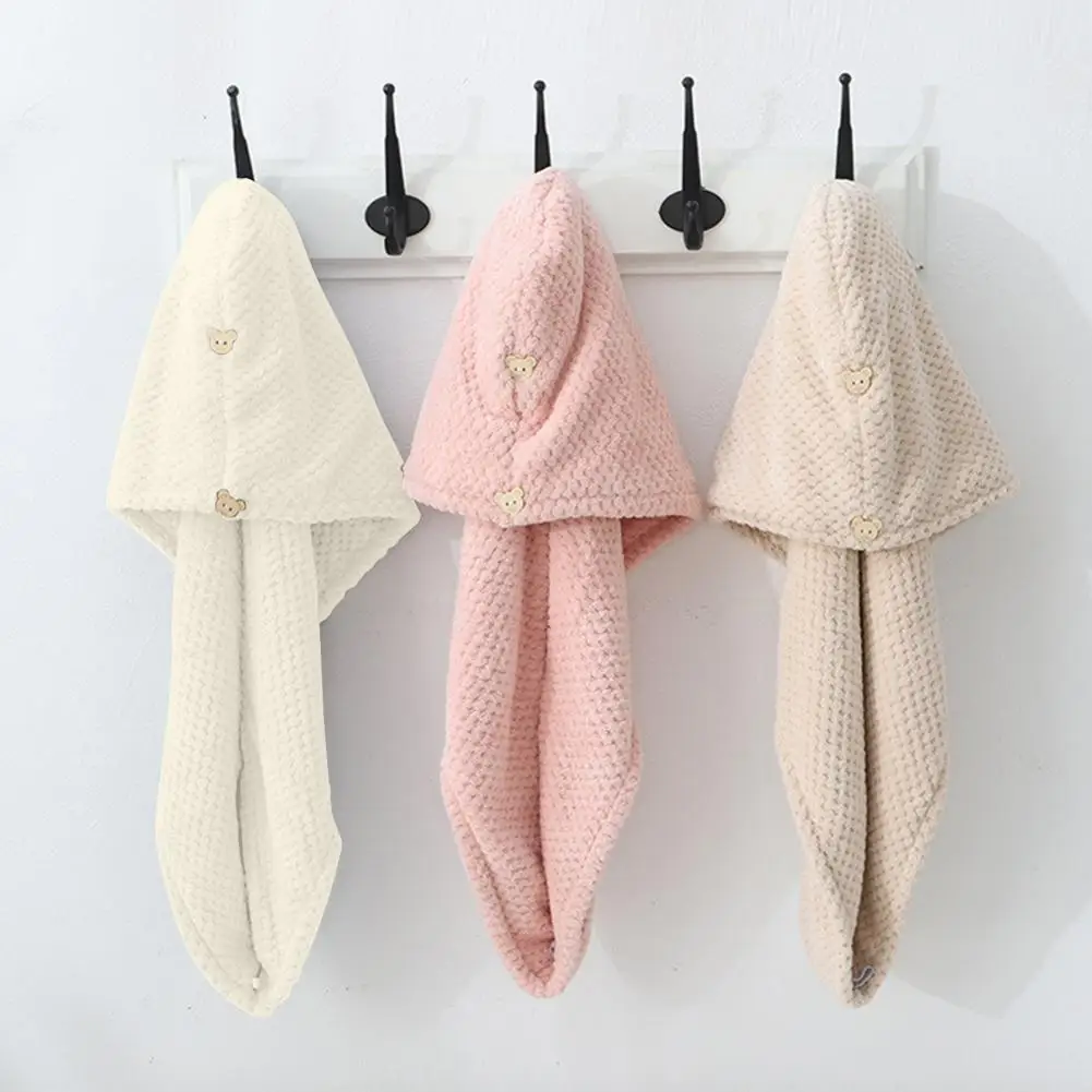 

Hair Drying Towel Super Absorbent Quick Dry Coral Fleece Cartoon Bear Button Women Hair Microfiber Hair Towel Wrap Hat