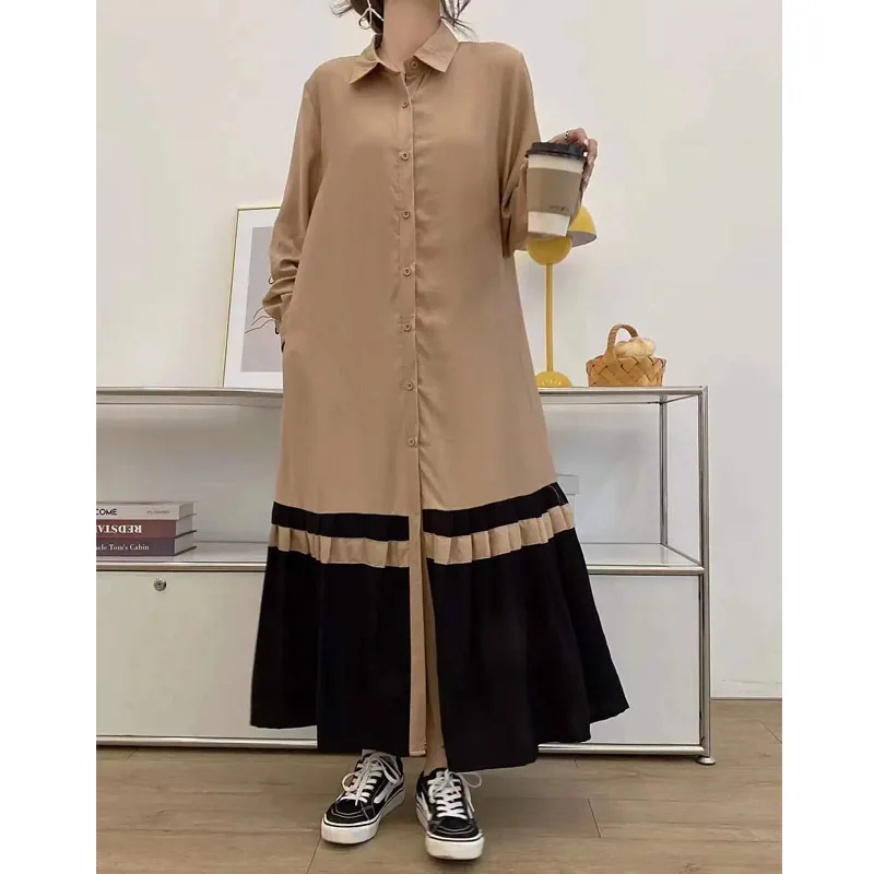 

Korean Chic Max-Length Shirt Dresses Woman for 2024 Spring Patchwork Pleated Dress Loose Long Sleeve Female Robe Clothes K3209