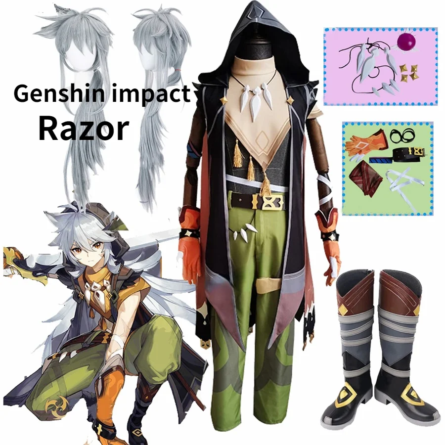 

Anime Game Genshin Impact Razor Genshin Cosplay Costume Shoes Necklace Uniform Wig Anime Halloween Party Outfit Full Sets Wigs