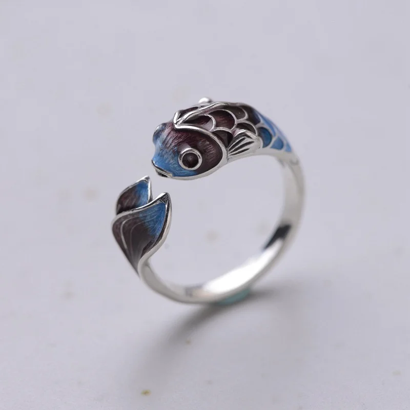 Vintage Lucky Koi Fish Open Ring For Women Fashion Silver Plated Copper Blue Lotus Rabbit Finger Rings Wedding Party Jewelry 1