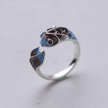 Vintage Lucky Koi Fish Open Ring For Women Fashion Silver Plated Copper Blue Lotus Rabbit Finger Rings Wedding Party Jewelry