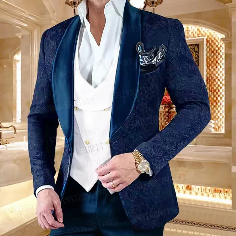 Mens suits Formal Sky Blue Jacquard Men Business Suit 3 Pieces Slim Fit Groom Wedding Dress Evening Dress Tuxedo Jacket Vest Pants
