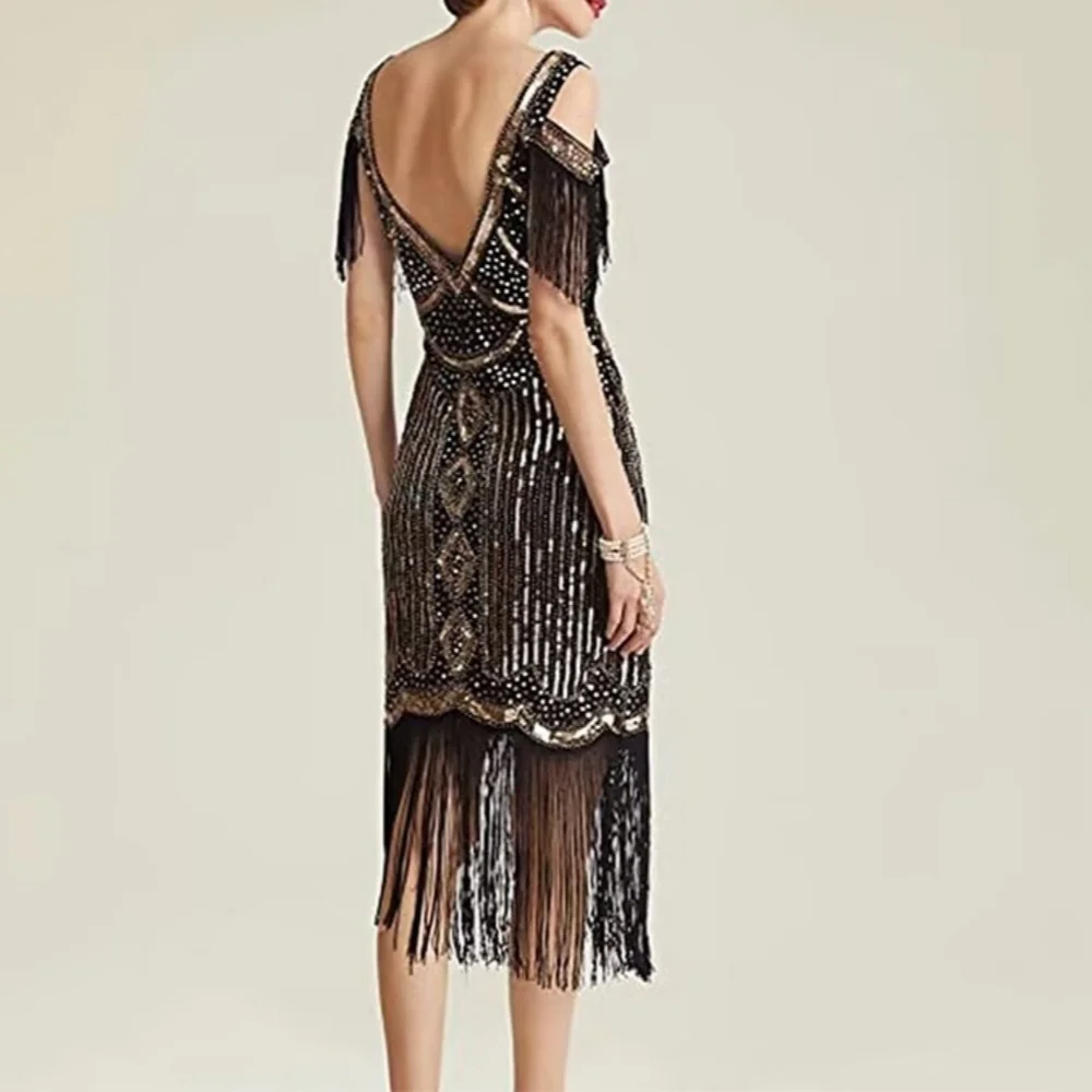 1920s Gatsby Ball Heavy Industry Embroidery Beading Retro Sequin Skirt Banquet Dress Cocktail Party V Dress