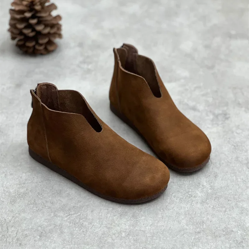 

Birkuir Retro Ankle Boots For Women Flats Shoes Genuine Leather Luxury Boots Round Toe Spring Loafers Back Zip Single Shoes