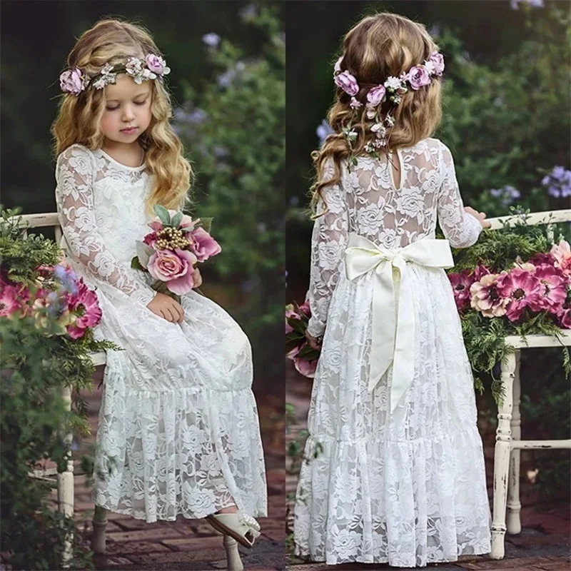 Flower Girl Dresses White Beige Long Sleeve Summer Dress Communion Toddler Kids Christening Wedding Bridesmaid Clothes 2-12 Year