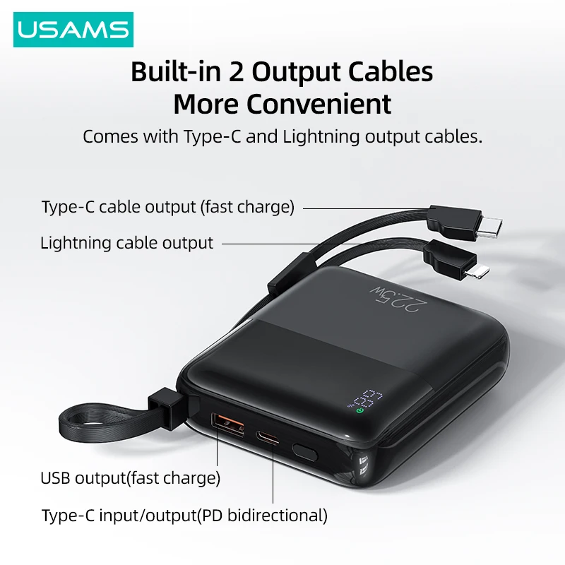 USAMS 10000mAh 22.5W Power Bank a ricarica rapida integrato con