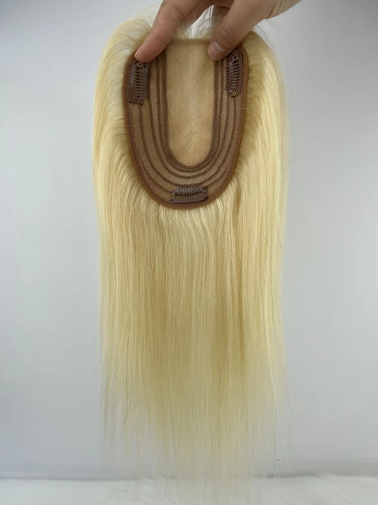 #613 Blonde Ombre Remy Human Hair Topper for Women Two Tone 10X14CM 35cm Silk Skin Base Toupee with 3 Clips in Human Hair Pieces