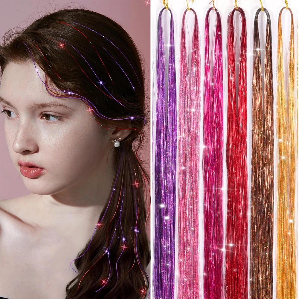 

42inch Sparkle Hair Tinsel Rainbow Colored Strands Girls Headwear Hairbinge Hair Laser False Hair Extensions Decor Glitter Strip