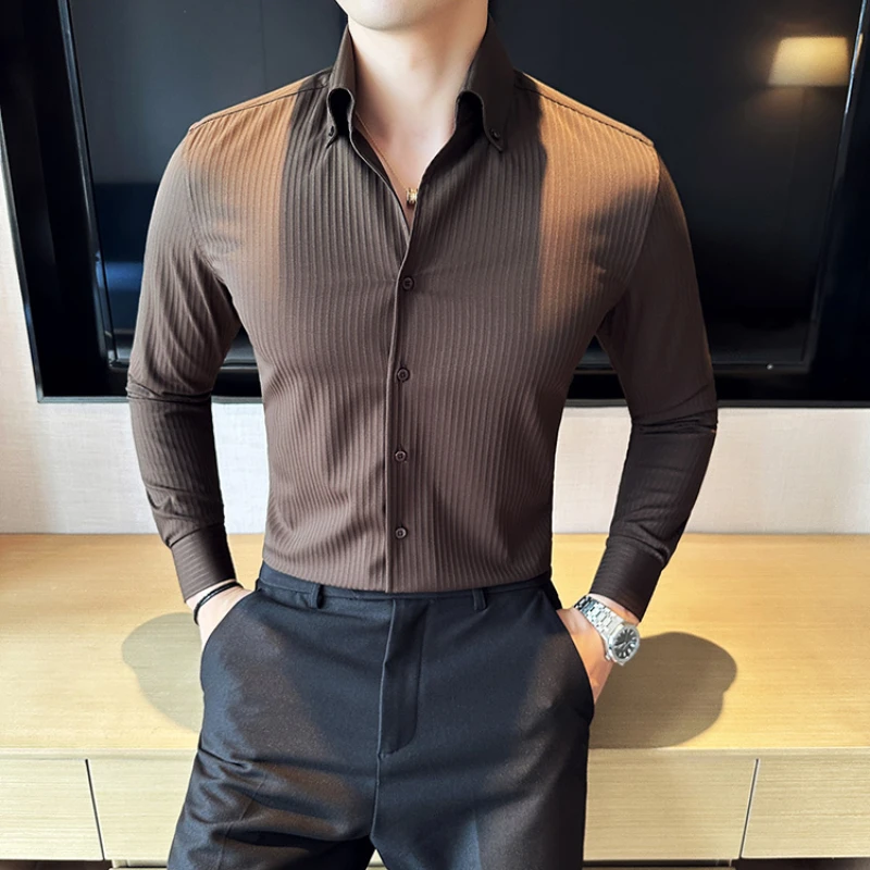 新品タグ付き　バイマレーネビルガー ロングシャツ　ストライプ 防シワ】ハイゲージジャージー ストライプ 長袖ボタンダウン