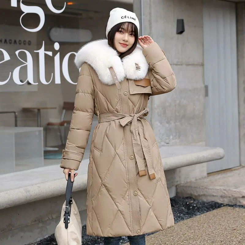 2023 New Women Down Jacket Winter Coat Female Mid Length Version Parkas Thick Warm Slim Fit Outwear Fur Collar Fashion Overcoat