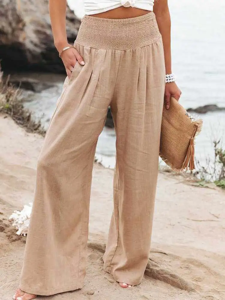 

WildPinky Casual High Waist Loose Wide Leg Pants for Women Cotton Linen New Female Floor-Length White Pants Ladies Long Trousers