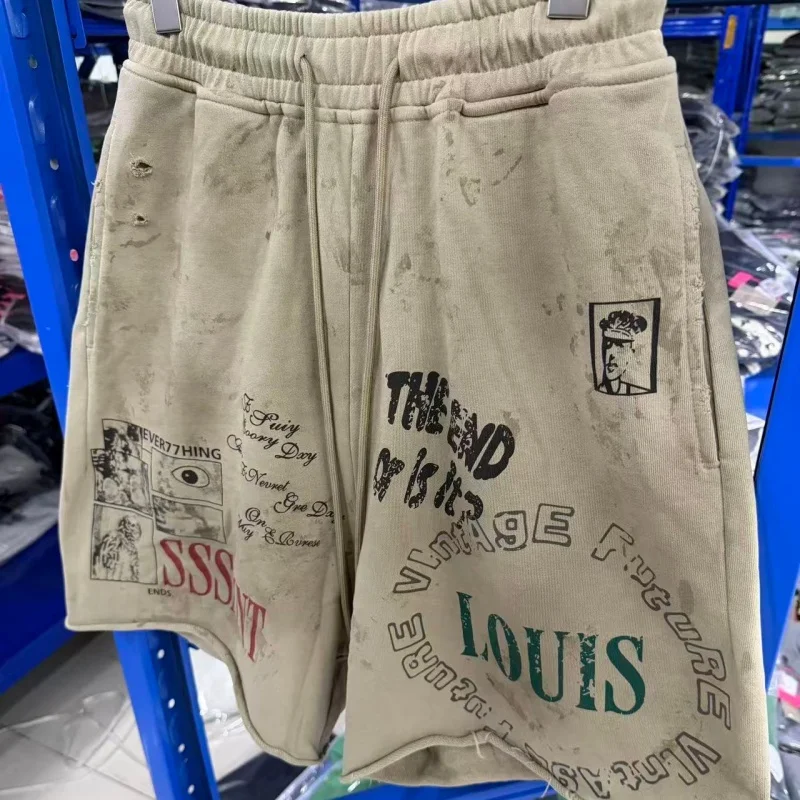 Y2K Grunge Sweat Shorts Men Vintage Washed Graphic Print Loose Fit Streetwear Casual Shorts 3