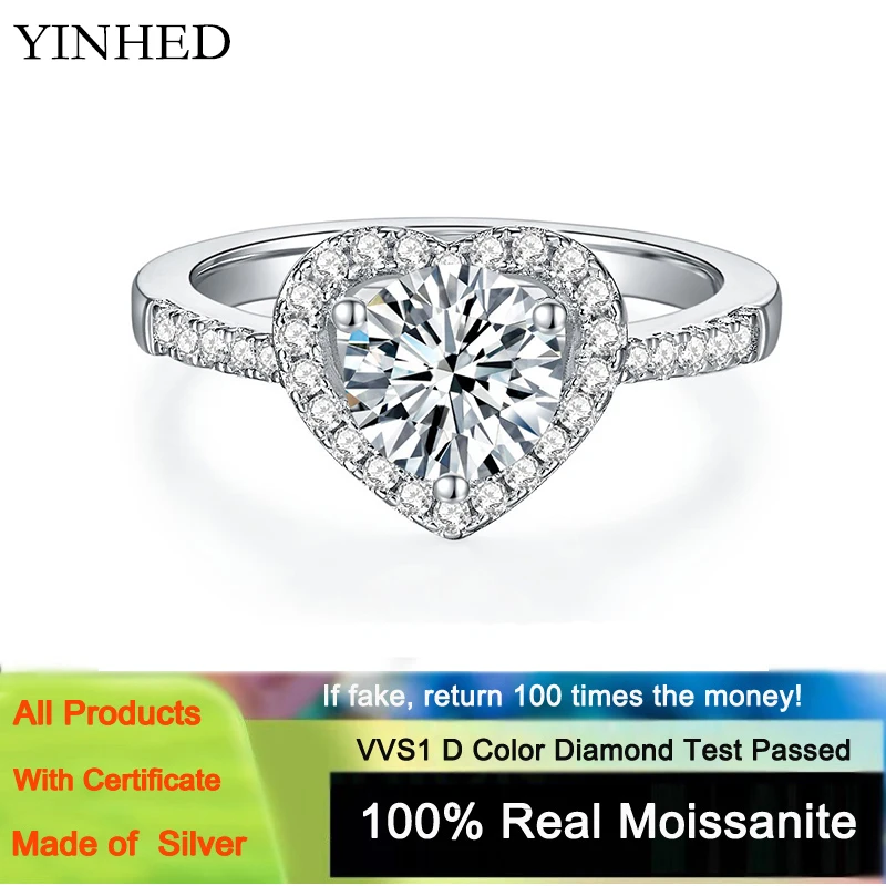 

YINHED 1CT Heart Cut Moissanite Diamond Halo Rings 925 Sterling Silver Platinum Plated Wedding Band Promise Ring for Women