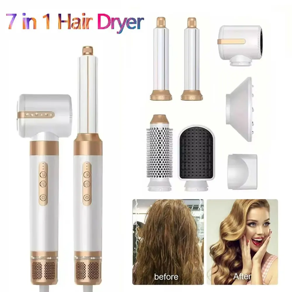 Sèche-cheveux 7 en 1 Fer à friser professionnel à ions négatifs Fer à lisser Moteur sans balais Sèche-cheveux haute vitesse Ensemble de peignes chauds 1