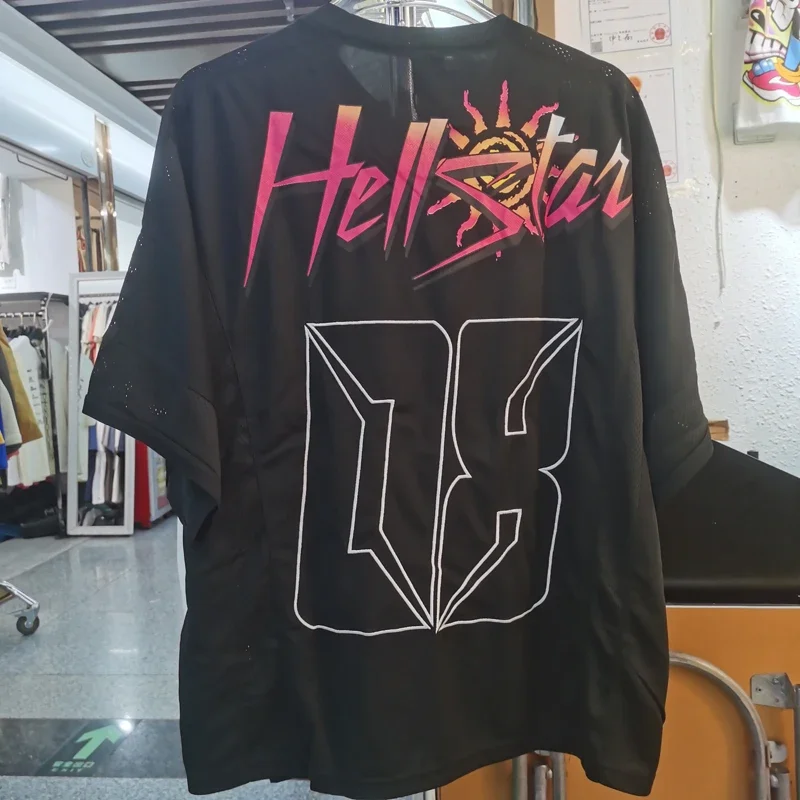 

Hellstar T-shirt Flame Alphanumeric Print Mesh Patchwork American Casual Loose Men Women Short Sleeve T Shirt Sport Ball Uniform