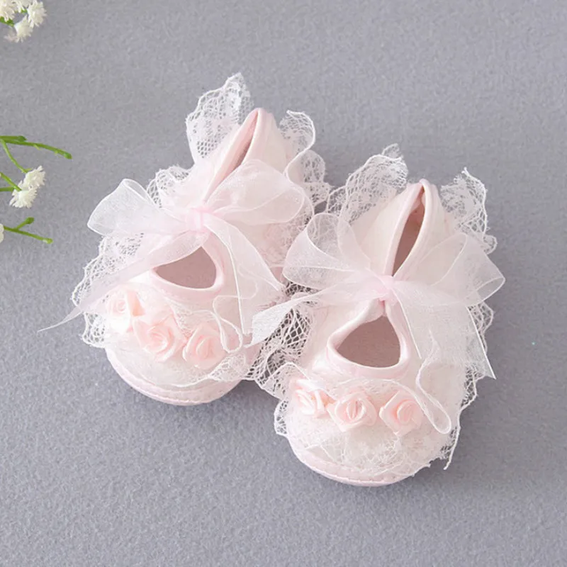 Newborn Princess Soft Sole First Walkers Infant Girls Lace Anti-slip Shoes for Party Wedding Toddler Crib Cotton Prewalker 0-18M 2