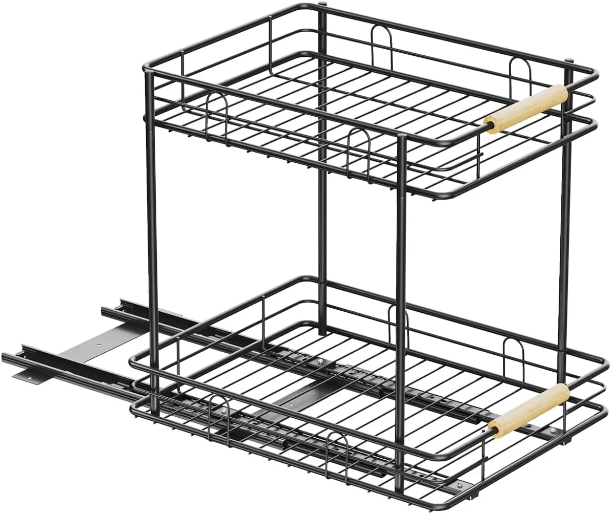 

Out Cabinet Organizer with 2 Tier, Heavy Duty Under Sink Slide Out Storage Shelf with Wooden Handle in Kitchen, Bathroom, Pantry
