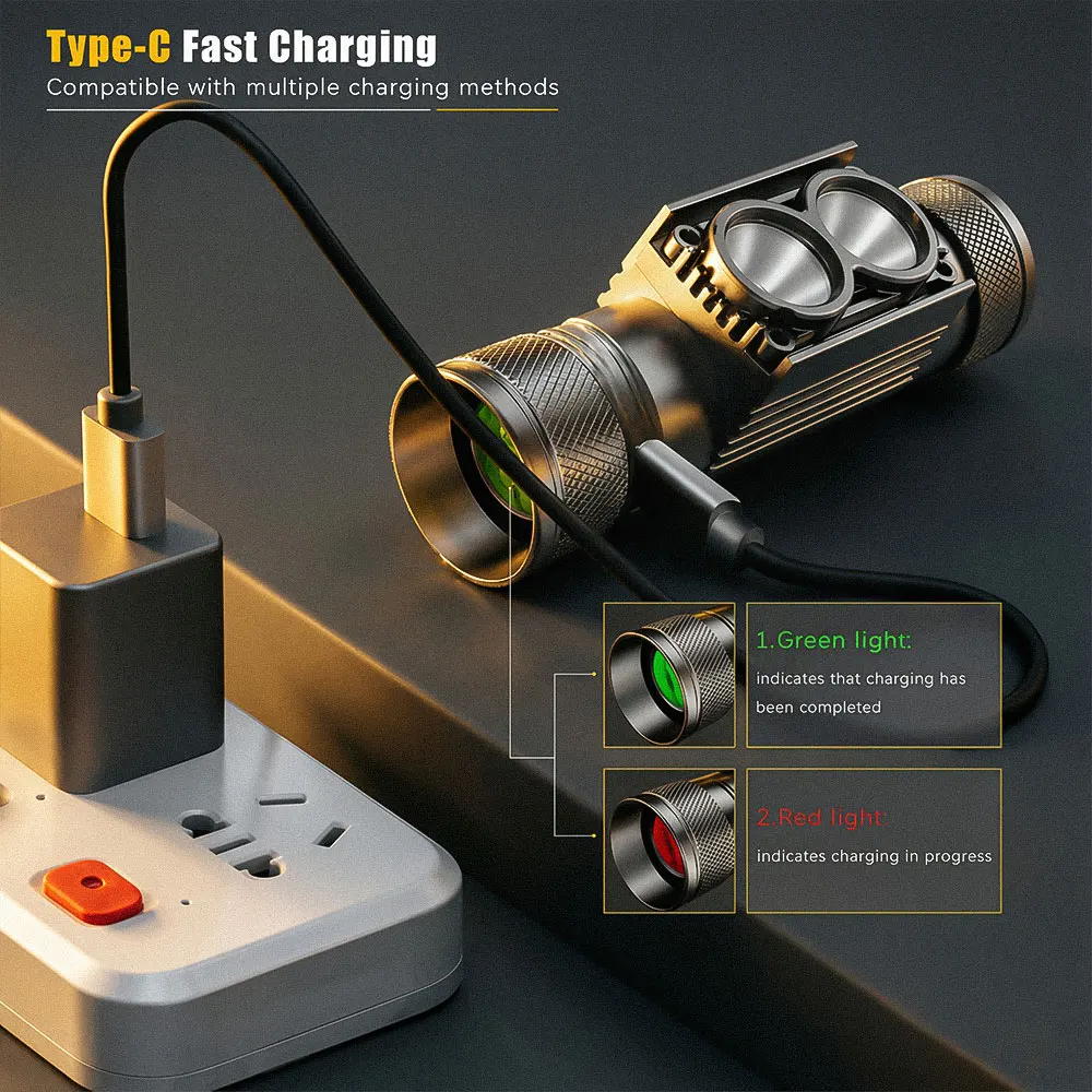 배터리 포함 USB Type-C LED 헤드램프 낚시 18650 헤드라이트 토치 사냥 헤드 램프 캠핑 헤드램프 손전등 헤드 라이트