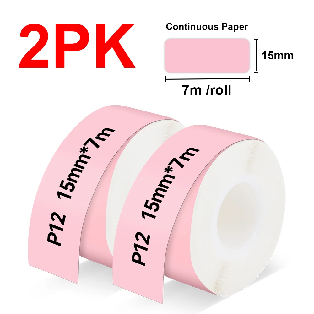 

2PK 15mmx7m P12 Continuous Label Tape Adhesive P12 Label Paper Use for P12 P15 Thermal Label Printer Waterproof Label Sticker