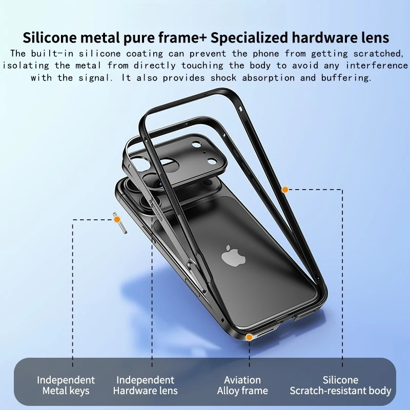 Sleek Aluminum Alloy Phone Frame with Metal Camera Lens Protector and Silicone Shockproof Bumper