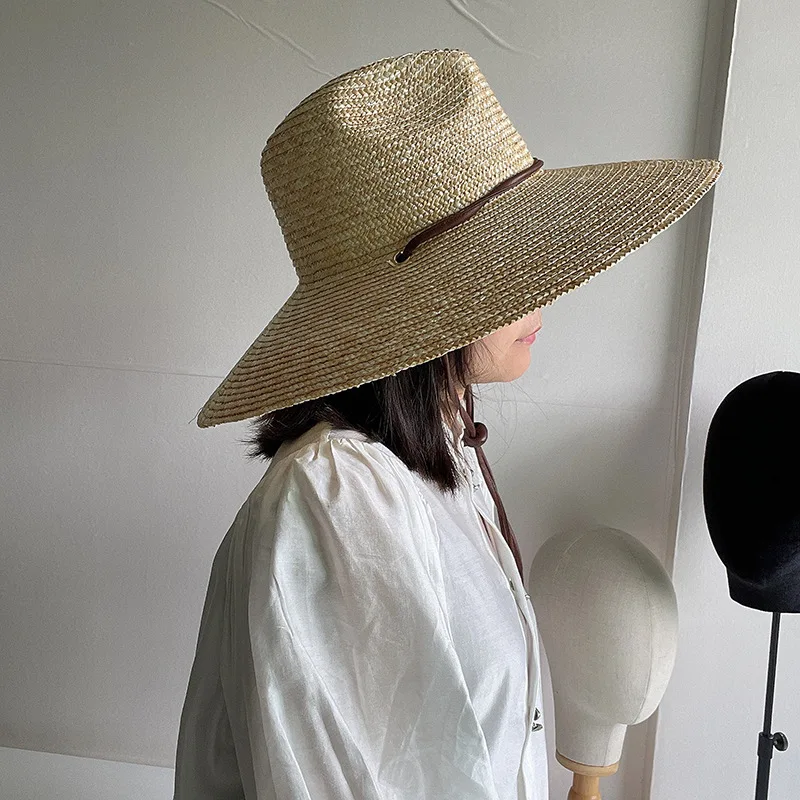 Natural Handmade Wheat Straw Women Panama Hat Tie Wind Rope Wide Brim Sun Hats for Beach Lifeguard Rush Straw Summer Hat Surfing 2