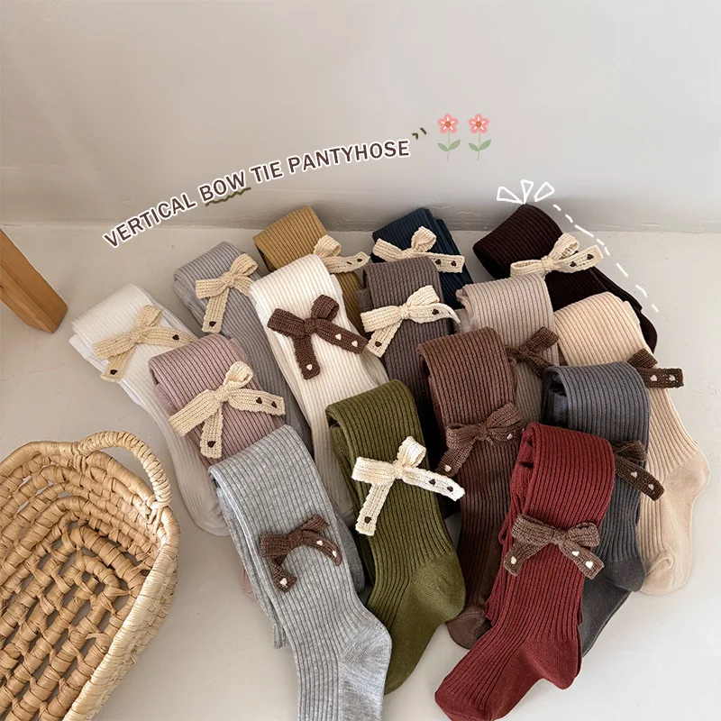 Long socks with a bow tie for girls, cotton socks, leggings for children aged 2 to 8 years, outerwear for students, cute, spring and autumn.